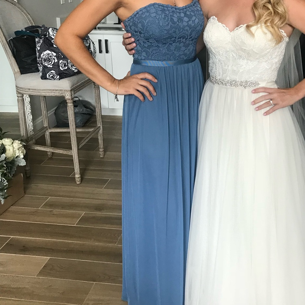 David's Bridal Strapless Blue Lace Dress